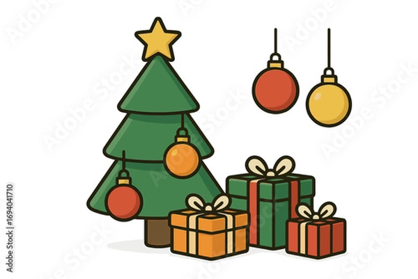 Fototapeta Minimalist Christmas card with 3D cartoon Christmas tree, colorful hanging ornaments, and festive gift boxes, holiday celebration, vector illustration with transparent background