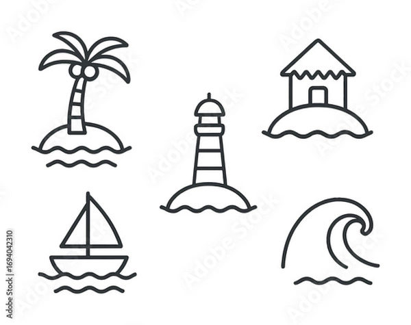Fototapeta Minimalist coastal icon set featuring palm tree, lighthouse, beach hut, sailboat, and ocean wave