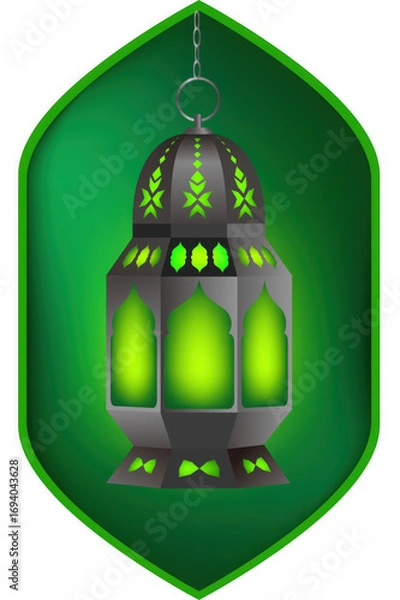 Fototapeta A traditional islamic lantern, often used during ramadan and eid, with intricate cutouts and a glowing green interior, isolated on transparent background