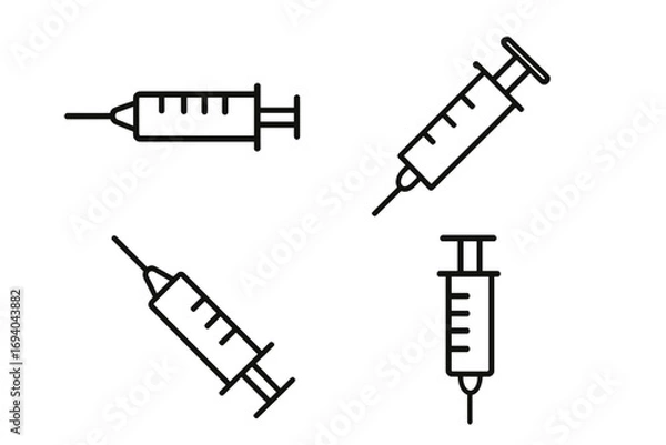 Fototapeta Set of syringe line icons, minimalistic linear medical syringe pictograms, vector injection needle illustrations for web, graphic design, apps, banners, social media, healthcare cards