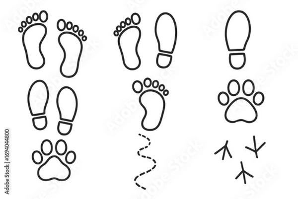 Fototapeta Footprint and tracks line icon set. Human foot steps, shoe prints, animal paw and bird tracks. Path and trail signs for graphic design. Vector outline collection illustration.
