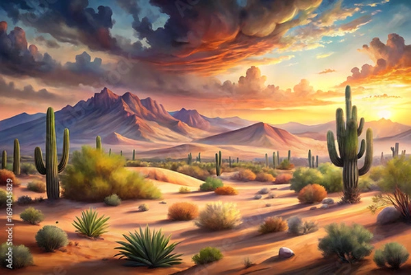 Fototapeta Desert landscape painting at sunset featuring cacti, mountains, and colorful clouds, capturing the serene beauty and vastness of the arid environment at twilight