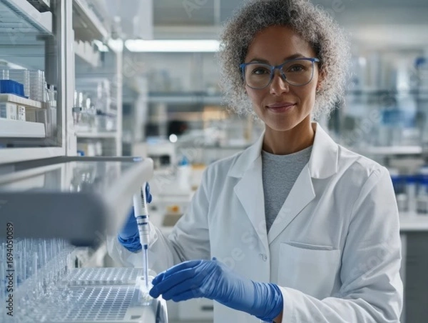 Fototapeta Mixed race woman using pipette in laboratory during daytime