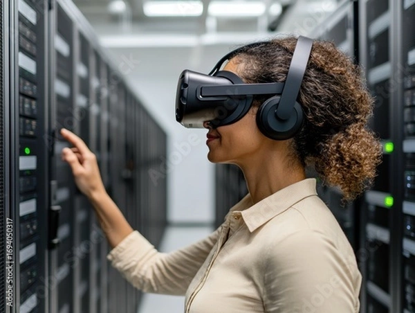 Fototapeta Woman using virtual reality headset in server room, daytime