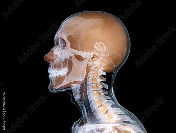Fototapeta Female scientist with human skull and cervical spine in studio