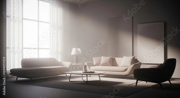 Fototapeta Bright Minimalist Living Room with Modern Furniture and Ethereal Window Light