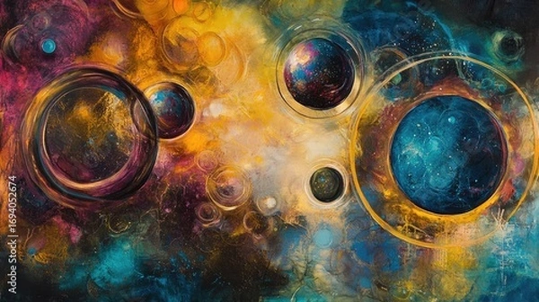 Fototapeta Celestial formation with translucent planets surrounded by colorful gas clouds and luminous rings suspended in a galaxy of dark matter and cosmic patterns.
