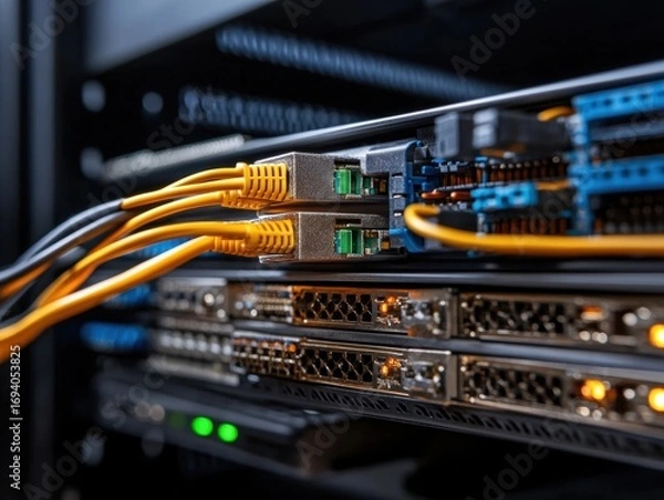 Fototapeta Networking Equipment and Fiber Optic Cables in Server Room at Night