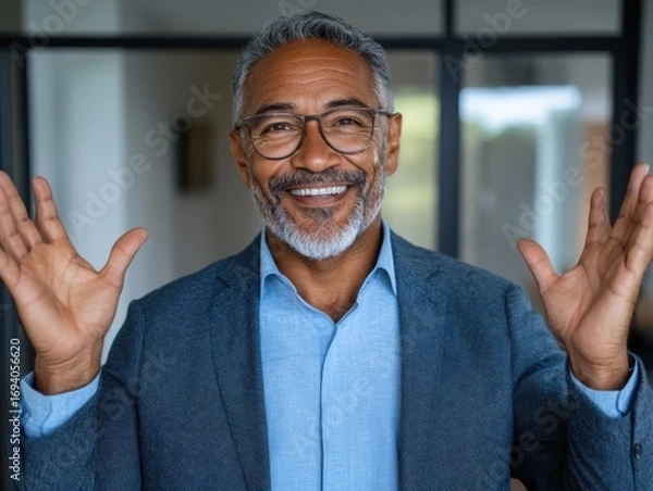 Fototapeta Middle-aged Hispanic man smiling and waving in office during day