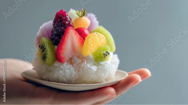 Fototapeta Delicious fruit japanese mochi dessert handheld presentation studio setting close-up view culinary delight