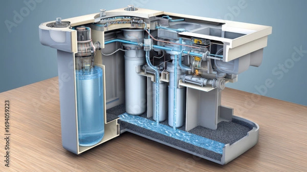 Fototapeta Innovative water filtration system home environment 3d cutaway view modern technology functional design