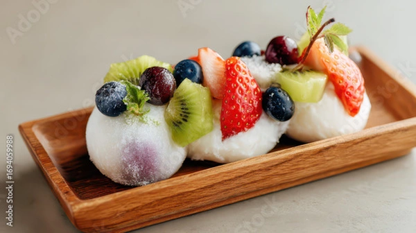 Fototapeta Indulging in a delicious fruit dessert at a cozy bakery captured in close-up food photography for culinary delight
