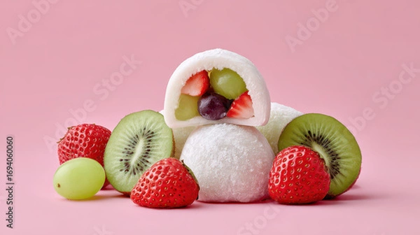 Fototapeta Delicious mochi dessert with fruits colorful food arrangement studio setting aesthetic presentation