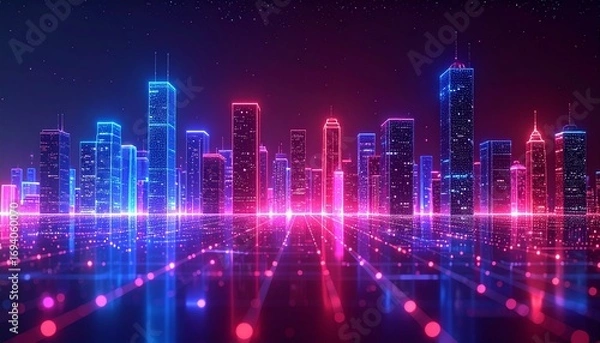 Fototapeta A modern city skyline illuminated by vibrant neon lights, creating a dazzling spectacle