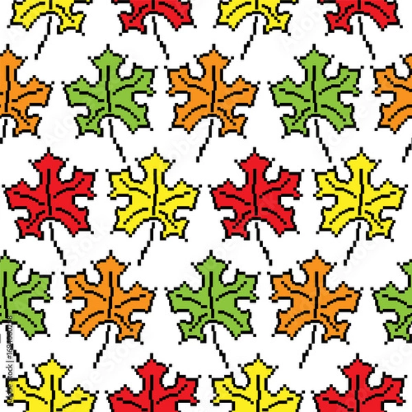 Obraz Seamless pixel art maple leaf pattern with vibrant autumn colors in red, yellow, green, and orange. Retro 8-bit design ideal for backgrounds, textiles, digital projects, fall themes, and seasonal deco