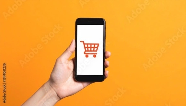 Fototapeta Smartphone in Hand with Shopping Cart Icon on Orange Background