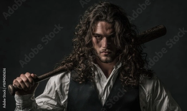 Fototapeta Intense portrait of a man with curly hair holding a baseball bat
