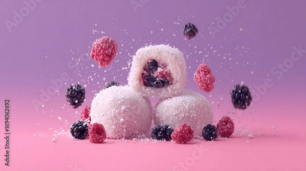 Fototapeta Colorful raspberry and blackberry dessert delights studio setting food photography playful atmosphere close-up view