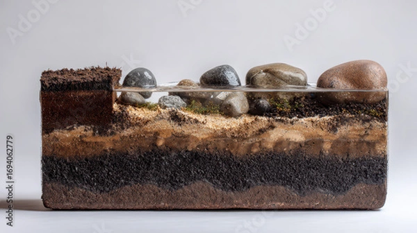 Fototapeta Soil and rock layers display educational exhibit science center indoor close-up view earth sciences concept