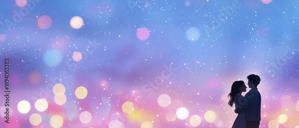 Fototapeta Romantic silhouette of couple embracing against dreamy, colorful bokeh background filled with soft lights and starry sky
