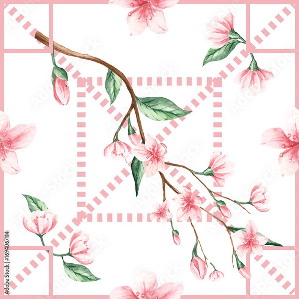 Fototapeta Seamless pattern with soft pink dashed squares, featuring delicate pink and white flowers, light brown stems, and gentle green leaves. Perfect for fabric, stationery, or textiles.