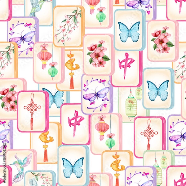 Fototapeta Seamless watercolor pattern featuring scattered Mahjong tiles in soft, bright pastel colors. Perfect for fabric prints, gift wrap, notebook covers, or textile design. Gentle tones ,Invitation card