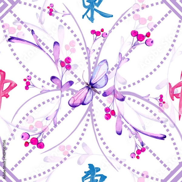 Fototapeta Seamless pattern of purple flowers and butterflies. Solid and dotted lines form the background of the flower outline. Pastel colors, light purple tones. There are 2 Chinese characters at the 4 corners