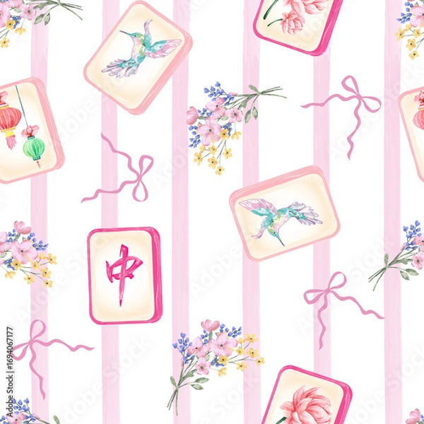 Fototapeta Seamless watercolor pattern featuring scattered Mahjong tiles in soft, bright pastel colors. Perfect for fabric prints, gift wrap, notebook covers, or textile design. Gentle tones ,Invitation card