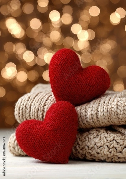 Obraz Two knitted red hearts rest atop a stack of warm beige sweaters, set against a backdrop of gentle golden bokeh.