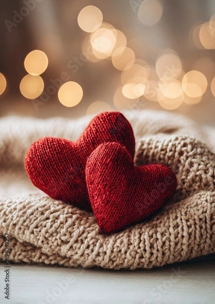Obraz Two red hearts rest on a soft beige knitted sweater, bathed in warm, diffused light.