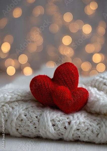 Obraz Two knitted red hearts rest atop a soft white wool sweater, bathed in a warm, inviting light.