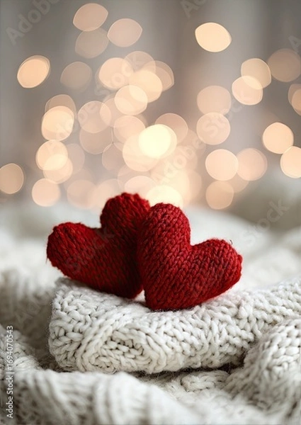 Obraz Two knitted red hearts rest atop a soft, textured white sweater, creating a warm and romantic atmosphere with bokeh lights.
