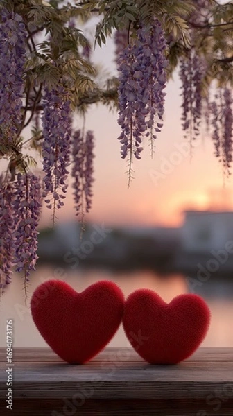 Obraz Two plush red hearts sit on a wooden dock, framed by a canopy of wisteria blossoms at sunset, creating a romantic and serene image.