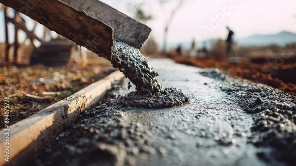 Fototapeta Fresh concrete being poured onto a surface.