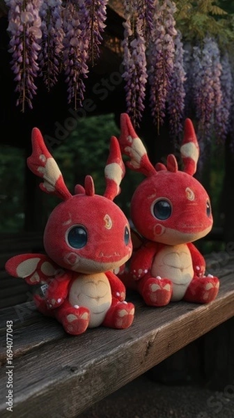 Obraz Two adorable, red plush dragons sit on a weathered wooden bench, bathed in warm sunlight, beneath a canopy of vibrant purple wisteria.