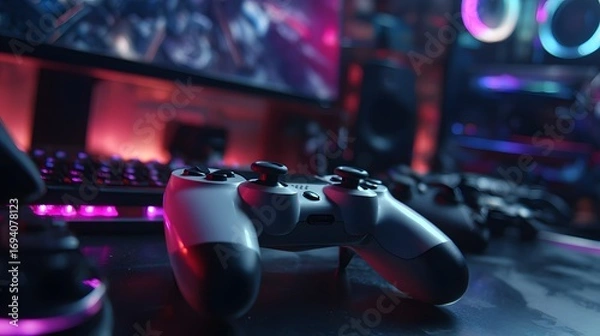 Fototapeta Immersive gaming setup with glowing controller and illuminated keyboard, perfect for esports and online play.