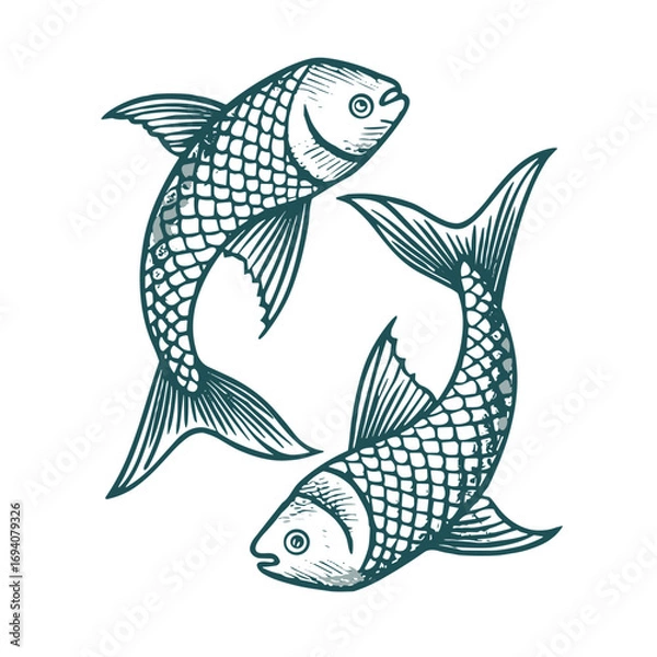 Obraz Pisces zodiac sign illustration in vintage style featuring two intertwined fish