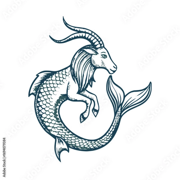 Fototapeta Capricorn zodiac sign illustration in vintage style featuring a goat mermaid design