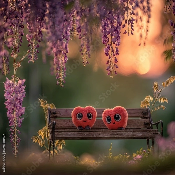 Obraz Two heart-shaped plush toys sit on a rustic wooden bench beneath a canopy of vibrant purple wisteria flowers during golden hour.