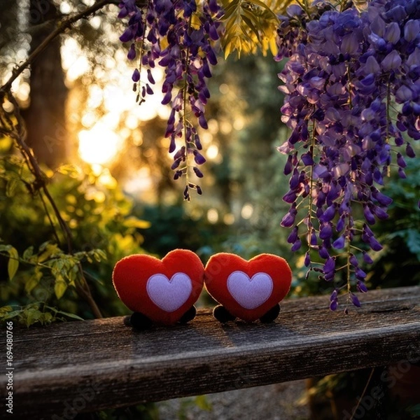 Obraz Two red hearts rest on a weathered wooden bench, bathed in the golden light of the setting sun, amidst a backdrop of cascading purple wisteria.