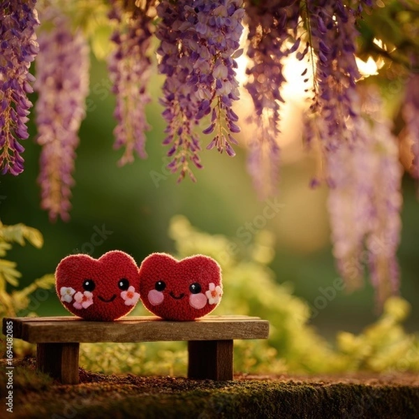 Obraz Two charming crocheted hearts sit on a small wooden bench, beneath a canopy of vibrant purple wisteria flowers, bathed in the golden light of a warm sunset.