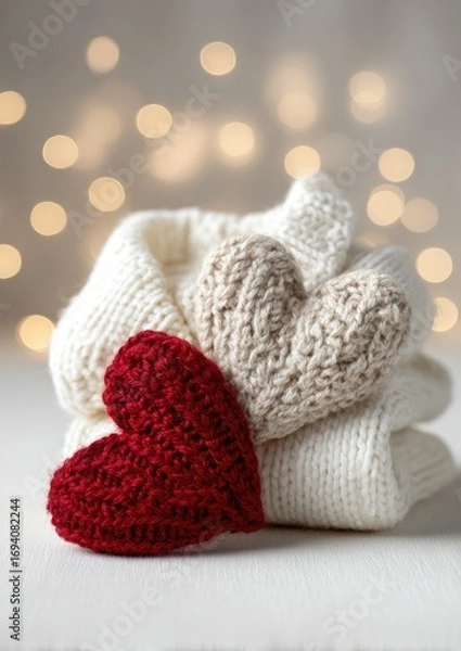 Obraz A delicate knitted heart, nestled amongst soft white sweaters, creates a warm and inviting winter scene.