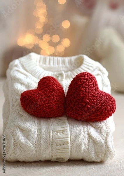 Obraz A delicate white cable-knit sweater, folded, rests on a light-colored surface, with two red crocheted hearts placed atop it; soft, warm, and romantic.