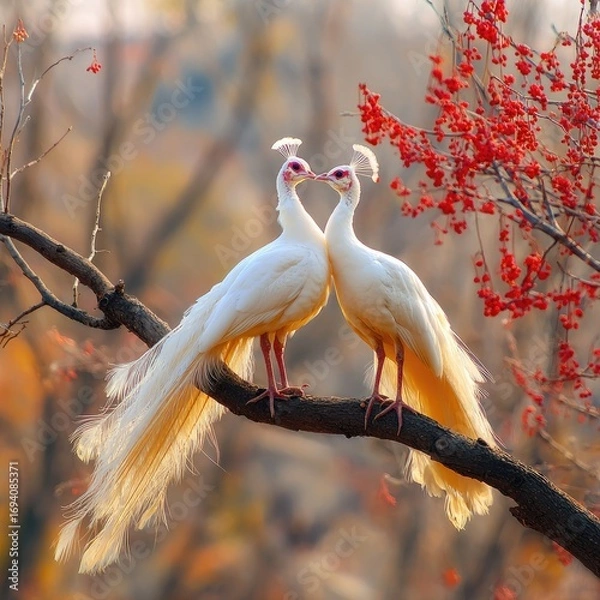 Obraz Two beautiful white peacocks with vibrant red berries in a romantic embrace on a tree branch, displaying their long, radiant tails illuminated by sunlight.