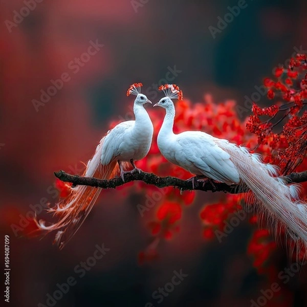 Obraz Two exquisite white peacocks, adorned with vibrant red crests, perch gracefully on a branch, their plumage shimmering against a backdrop of deep reds and purples, creating a captivating display of...