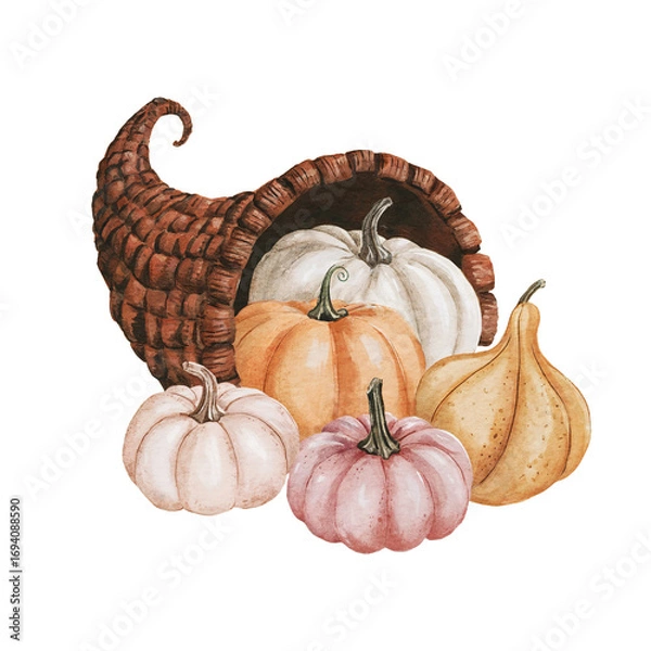 Fototapeta Autumn cornucopia full with pumpkins. Hand drawn watercolor illustration