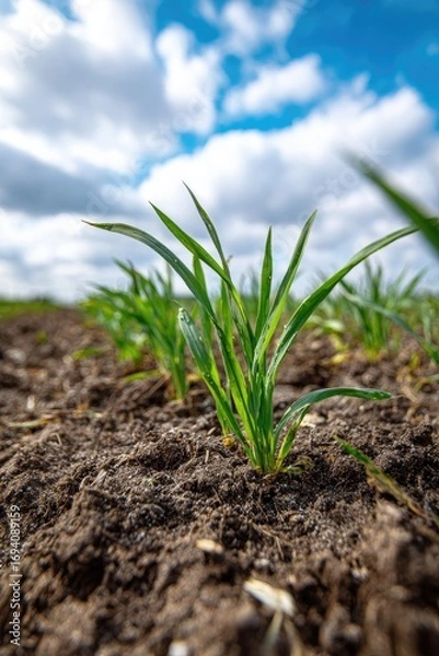 Fototapeta Close-up of young green shoots emerging from fertile soil
