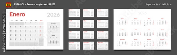 Fototapeta 2026 Spanish language Calendar Planner Set of Template Monthly Page, Annual. Vector layout of a wall or desk simple calendar with week start Monday for print. Pages size A4 21x29.7cm