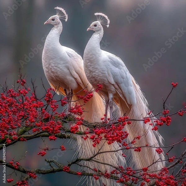 Obraz Two exquisite white peafowl perched gracefully on a branch laden with vibrant red berries, showcasing their elegant plumage and serene composure against a soft, muted backdrop.