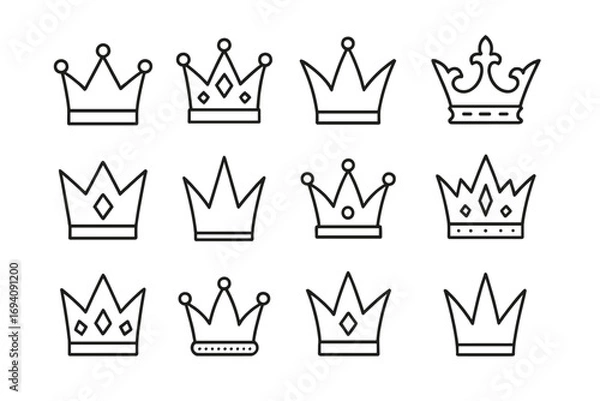 Fototapeta Crown line icon set. Royal king, queen, prince, and princess tiara collection. Luxury, jewelry, power and monarchy symbols. Outline vector icons for web, logo, and game design.